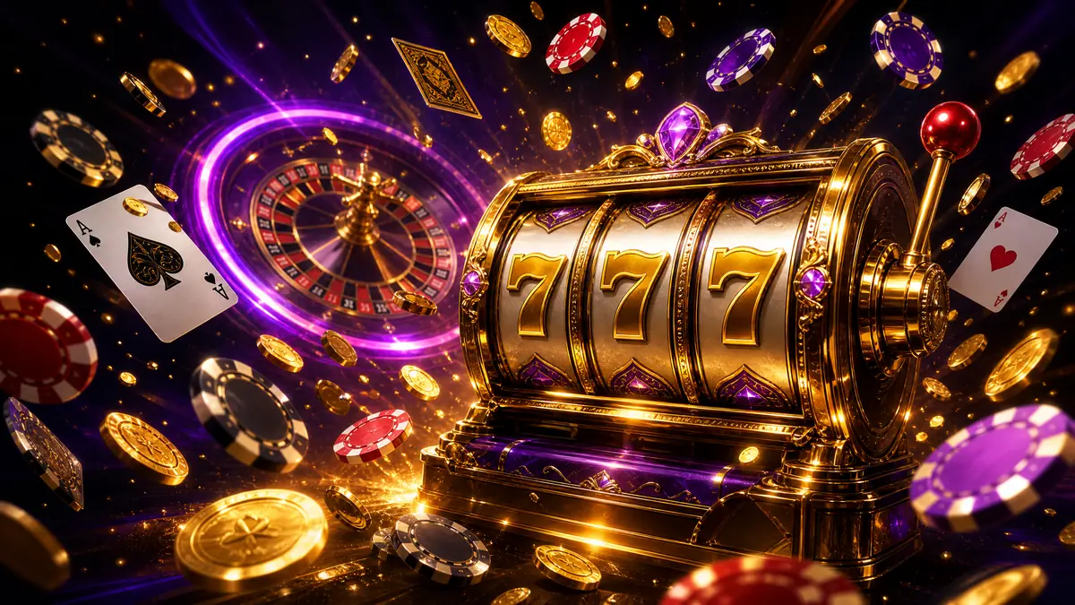 Ilustrasi lobi kasino Mpo2121 dengan mesin slot emas, kartu, dan chip